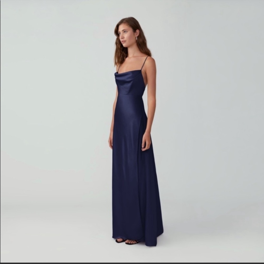 Fame and Partners Midnight Blue Satin Cowl Neck Maxi Dress